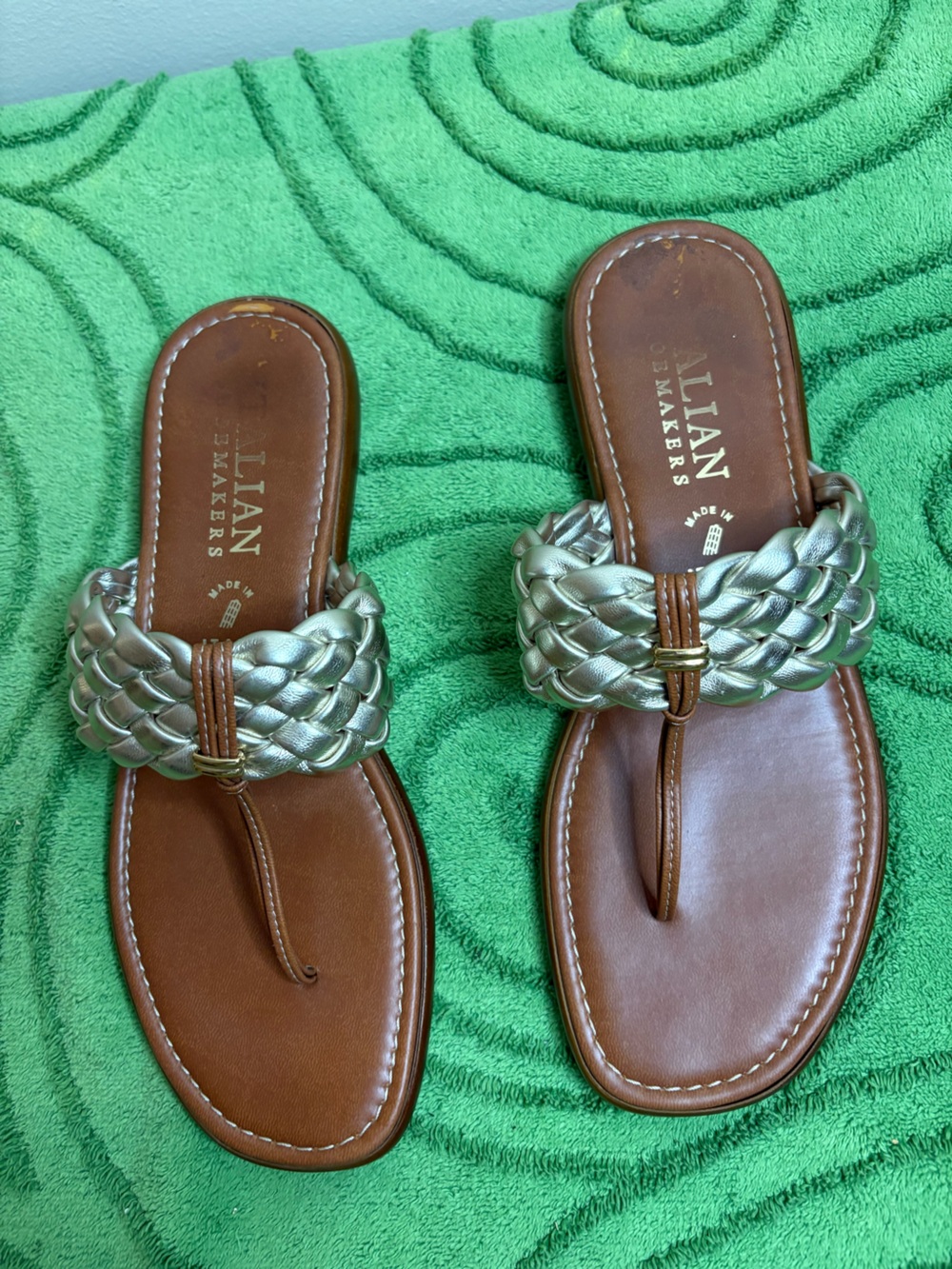 Italian Shoemakers Brown Leather Sandals with Metallic Braided Strap